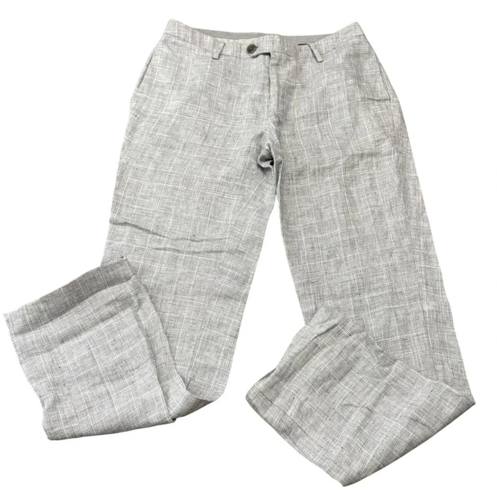 Bonobos Men's 100% Linen Trousers 31x32 Grey Fine Check Summer Dress Pants